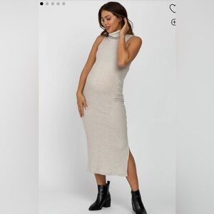 Beige Ribbed Turtleneck Fitted Midi Maternity Dress